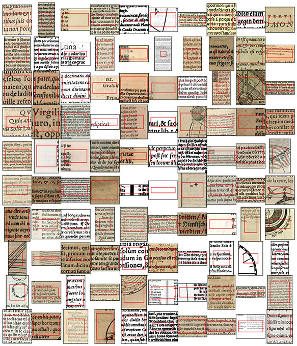 This is a collage of square and rectangular fragments from many astronomy texts from around the 16th century, illustrating how different they looked, including a wide variety of letters.